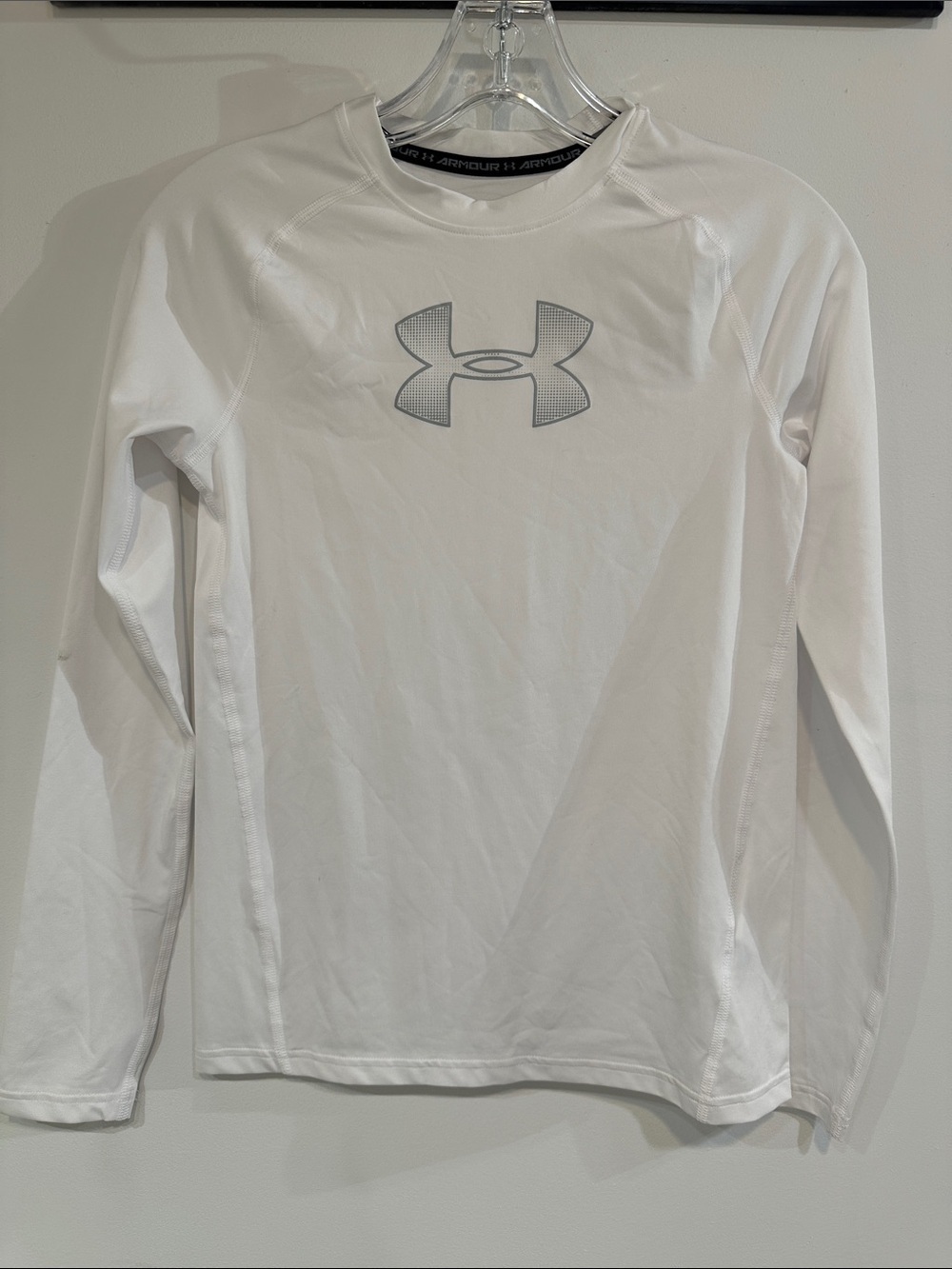 Under Armour White Long-Sleeve Performance Top with Gray Logo Boys